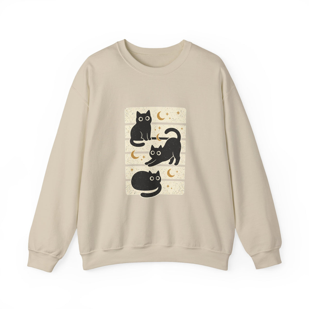 Black Cat Trio Crewneck Sweatshirt | Halloween moon stars vintage block design