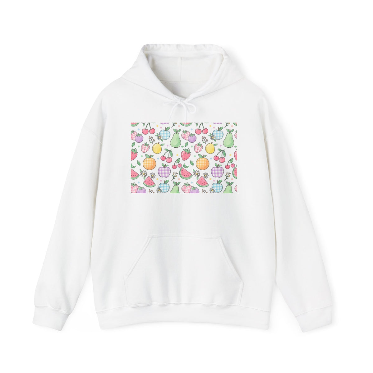 Fruit Pattern Hoodie — Pastel Fruit Print Pullover Sweatshirt
