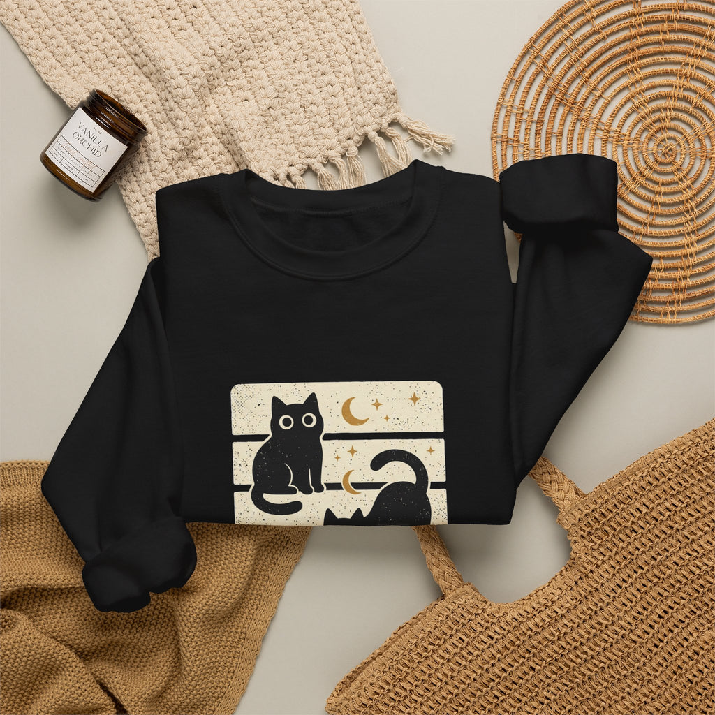 Black Cat Trio Crewneck Sweatshirt | Halloween moon stars vintage block design
