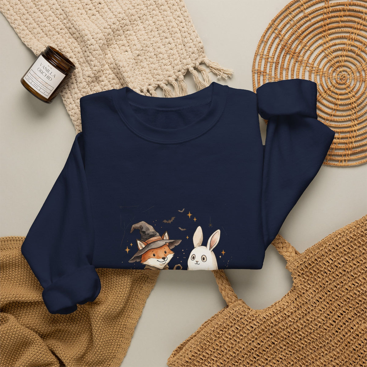 Halloween Fox & Ghost Bunny Sweatshirt | Spooky Animals Pumpkin Illustration