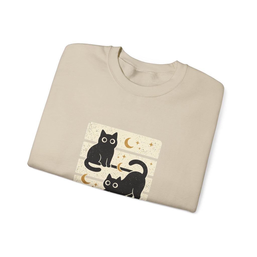 Black Cat Trio Crewneck Sweatshirt | Halloween moon stars vintage block design