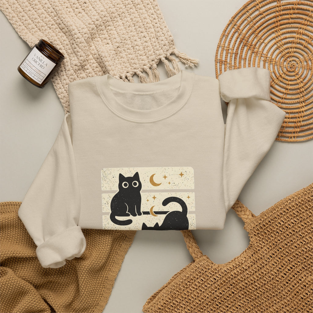 Black Cat Trio Crewneck Sweatshirt | Halloween moon stars vintage block design