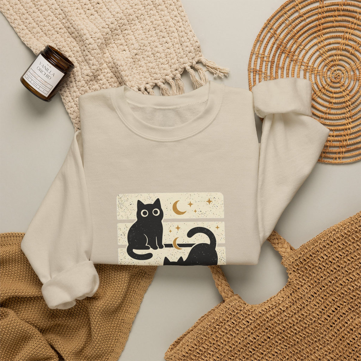 Black Cat Trio Crewneck Sweatshirt | Halloween moon stars vintage block design