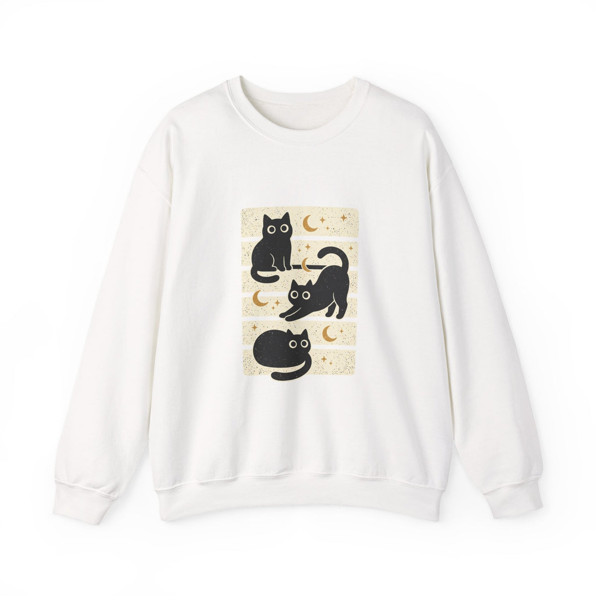 Black Cat Trio Crewneck Sweatshirt | Halloween moon stars vintage block design