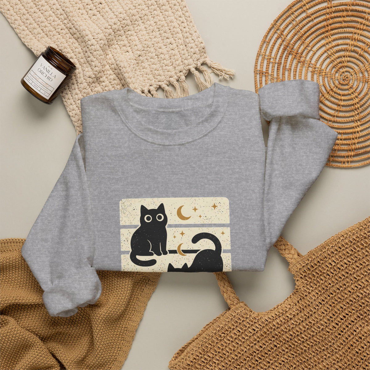 Black Cat Trio Crewneck Sweatshirt | Halloween moon stars vintage block design