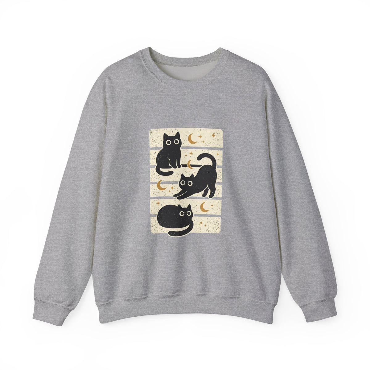 Black Cat Trio Crewneck Sweatshirt | Halloween moon stars vintage block design