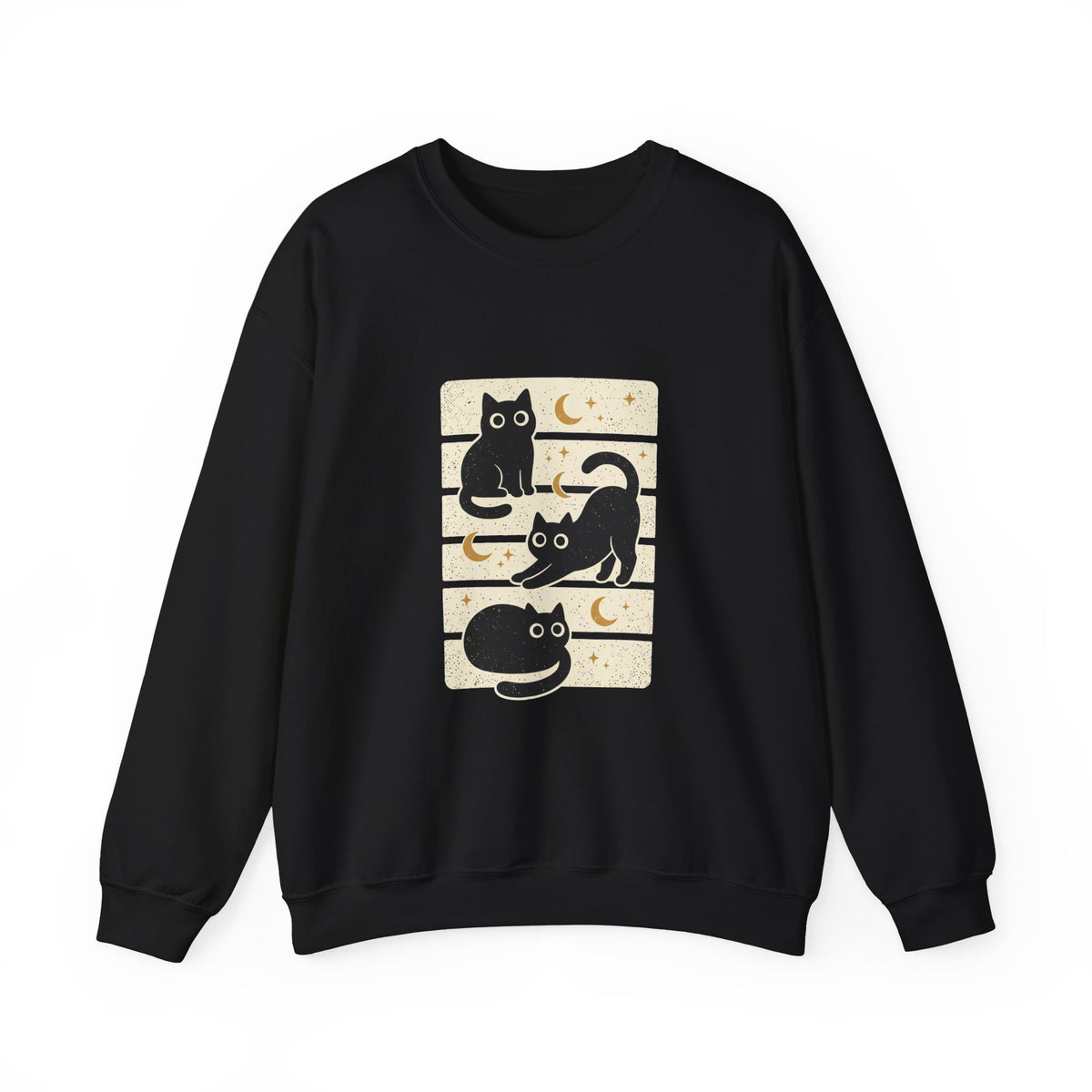 Black Cat Trio Crewneck Sweatshirt | Halloween moon stars vintage block design