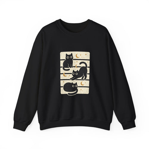 Black Cat Trio Crewneck Sweatshirt | Halloween moon stars vintage block design