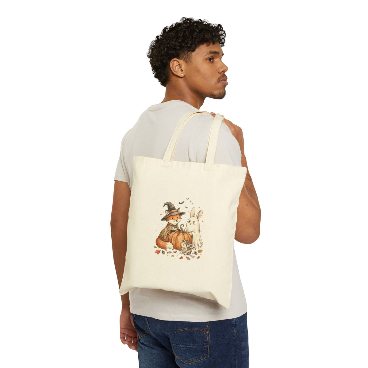 Spooky Woodland Animals Tote | Halloween Pumpkin Bunny Fox Canvas