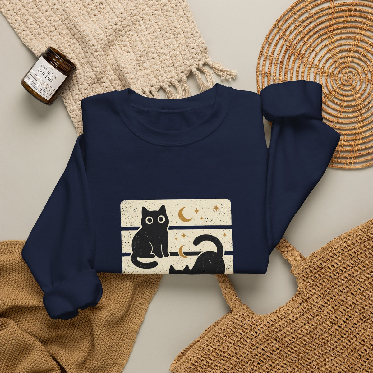 Black Cat Trio Crewneck Sweatshirt | Halloween moon stars vintage block design