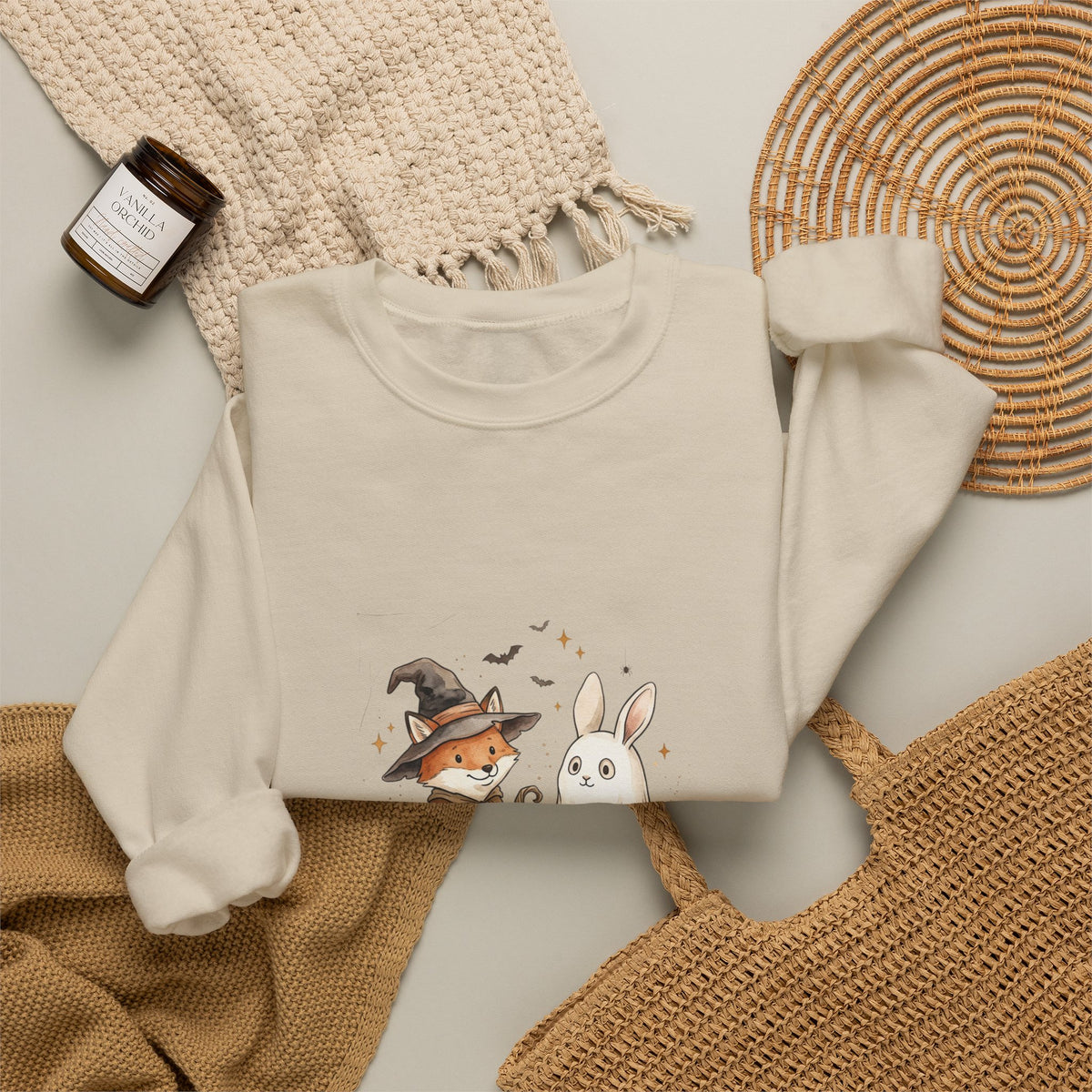 Halloween Fox & Ghost Bunny Sweatshirt | Spooky Animals Pumpkin Illustration