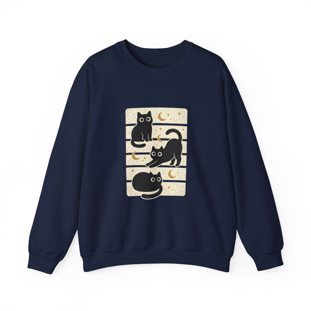 Black Cat Trio Crewneck Sweatshirt | Halloween moon stars vintage block design