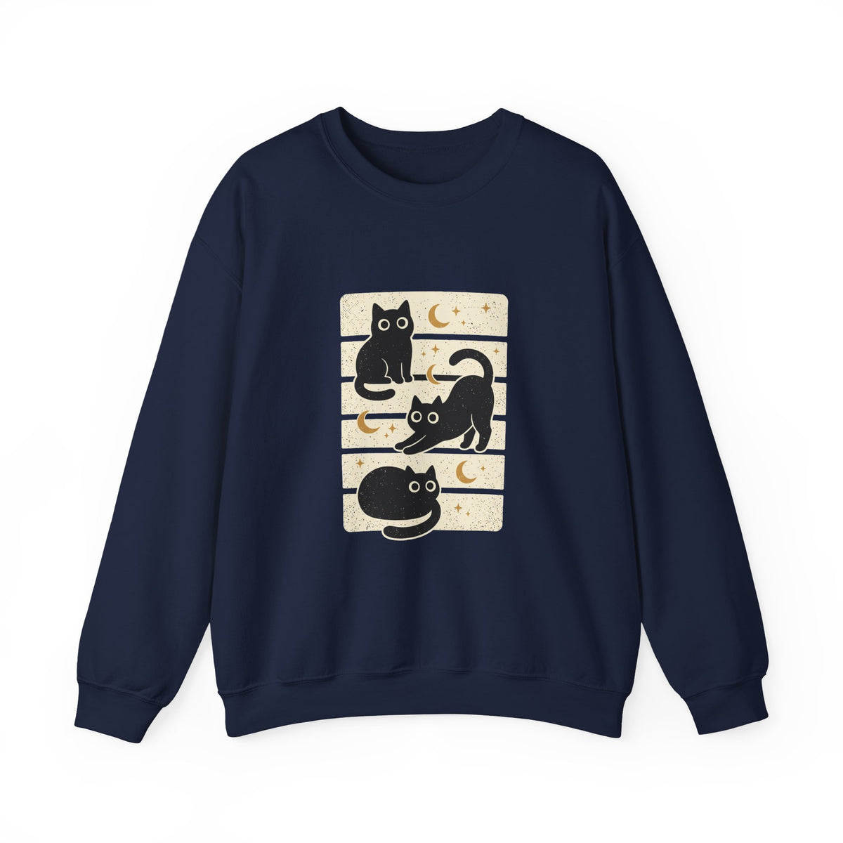 Black Cat Trio Crewneck Sweatshirt | Halloween moon stars vintage block design