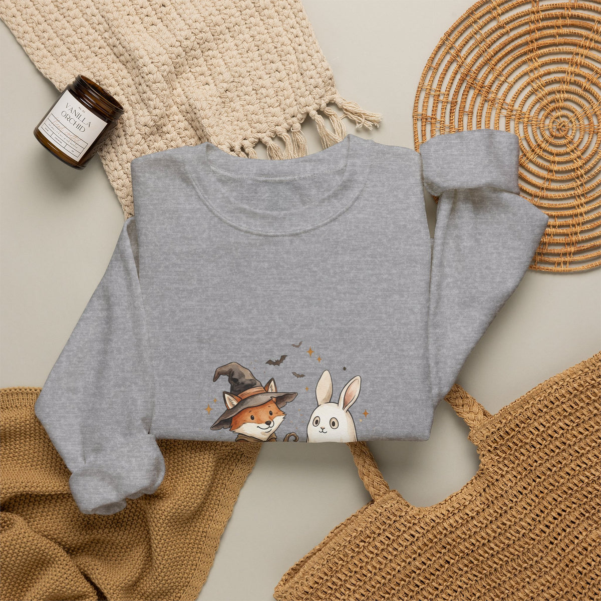 Halloween Fox & Ghost Bunny Sweatshirt | Spooky Animals Pumpkin Illustration