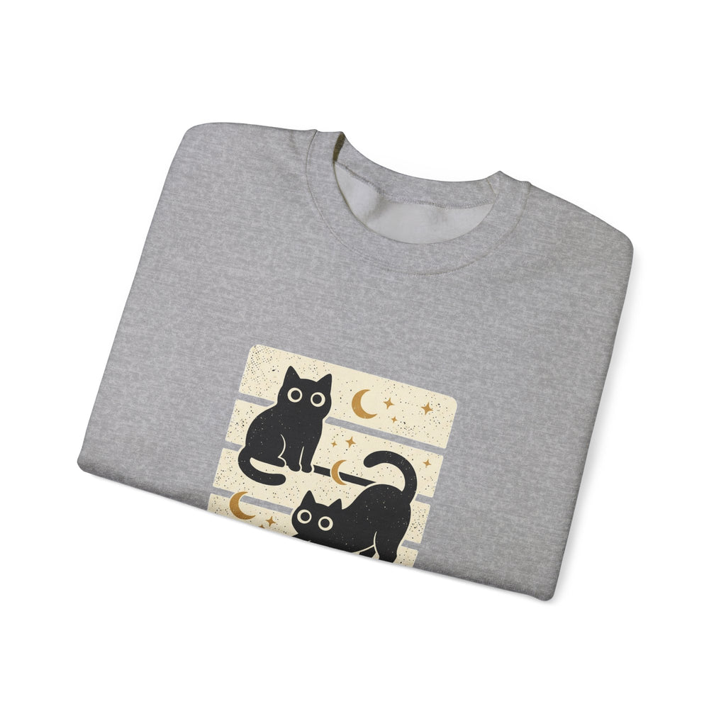Black Cat Trio Crewneck Sweatshirt | Halloween moon stars vintage block design
