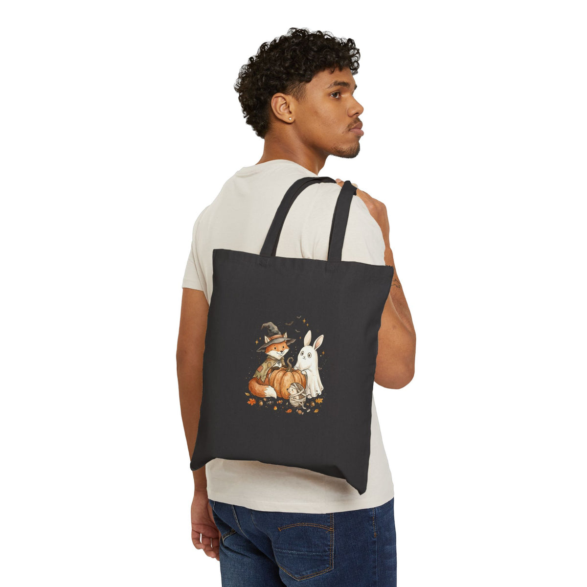 Spooky Woodland Animals Tote | Halloween Pumpkin Bunny Fox Canvas