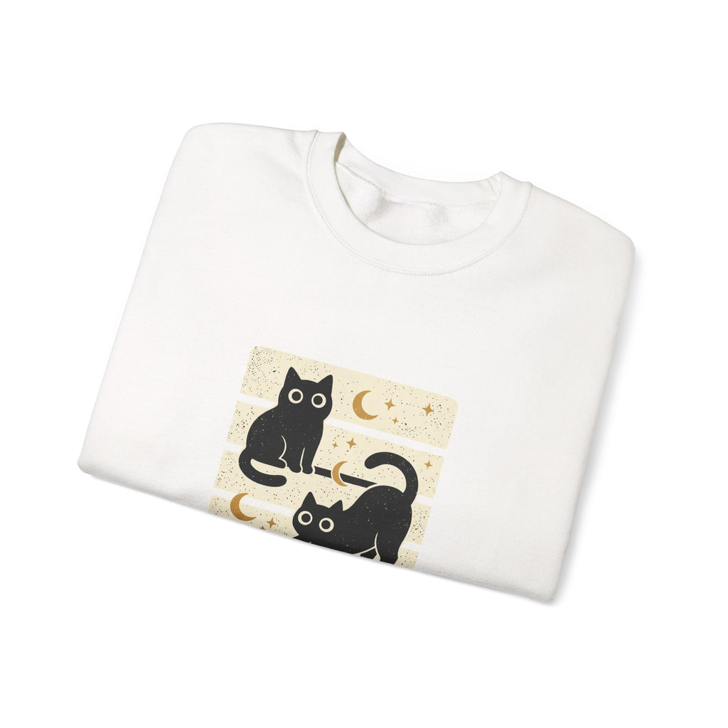 Black Cat Trio Crewneck Sweatshirt | Halloween moon stars vintage block design