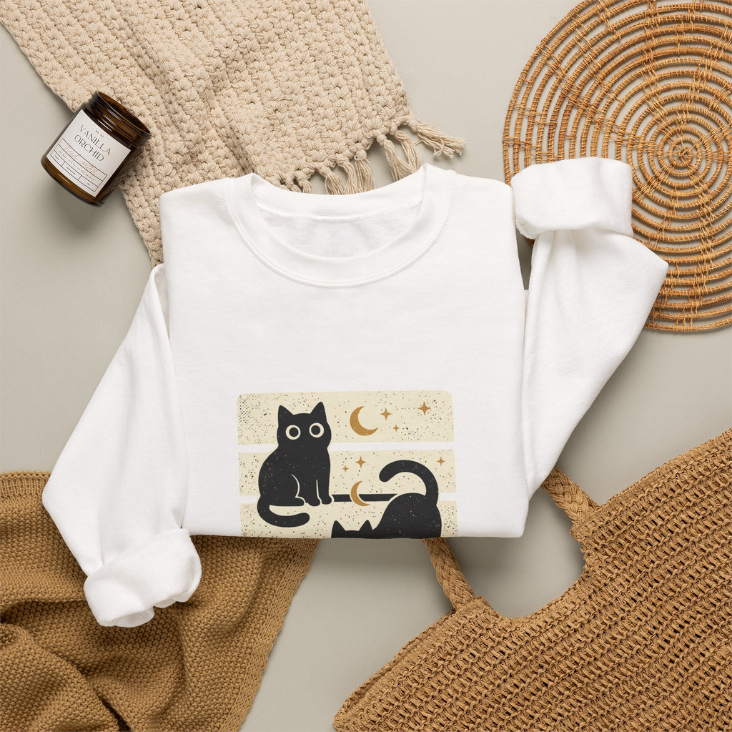 Black Cat Trio Crewneck Sweatshirt | Halloween moon stars vintage block design