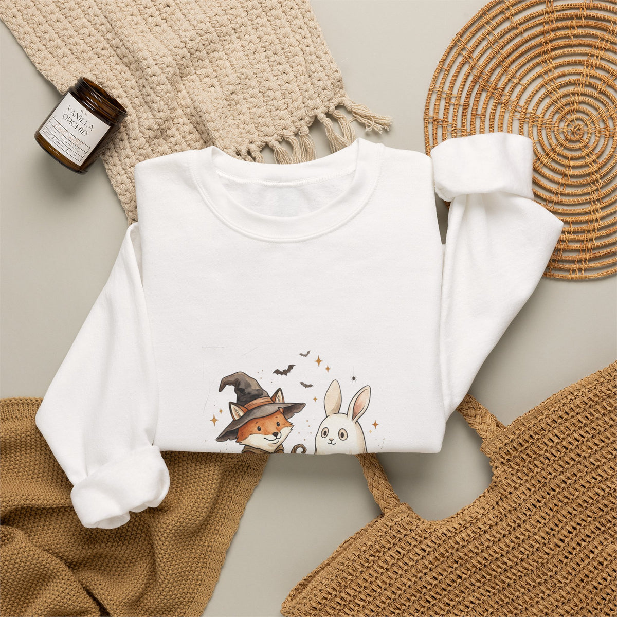 Halloween Fox & Ghost Bunny Sweatshirt | Spooky Animals Pumpkin Illustration