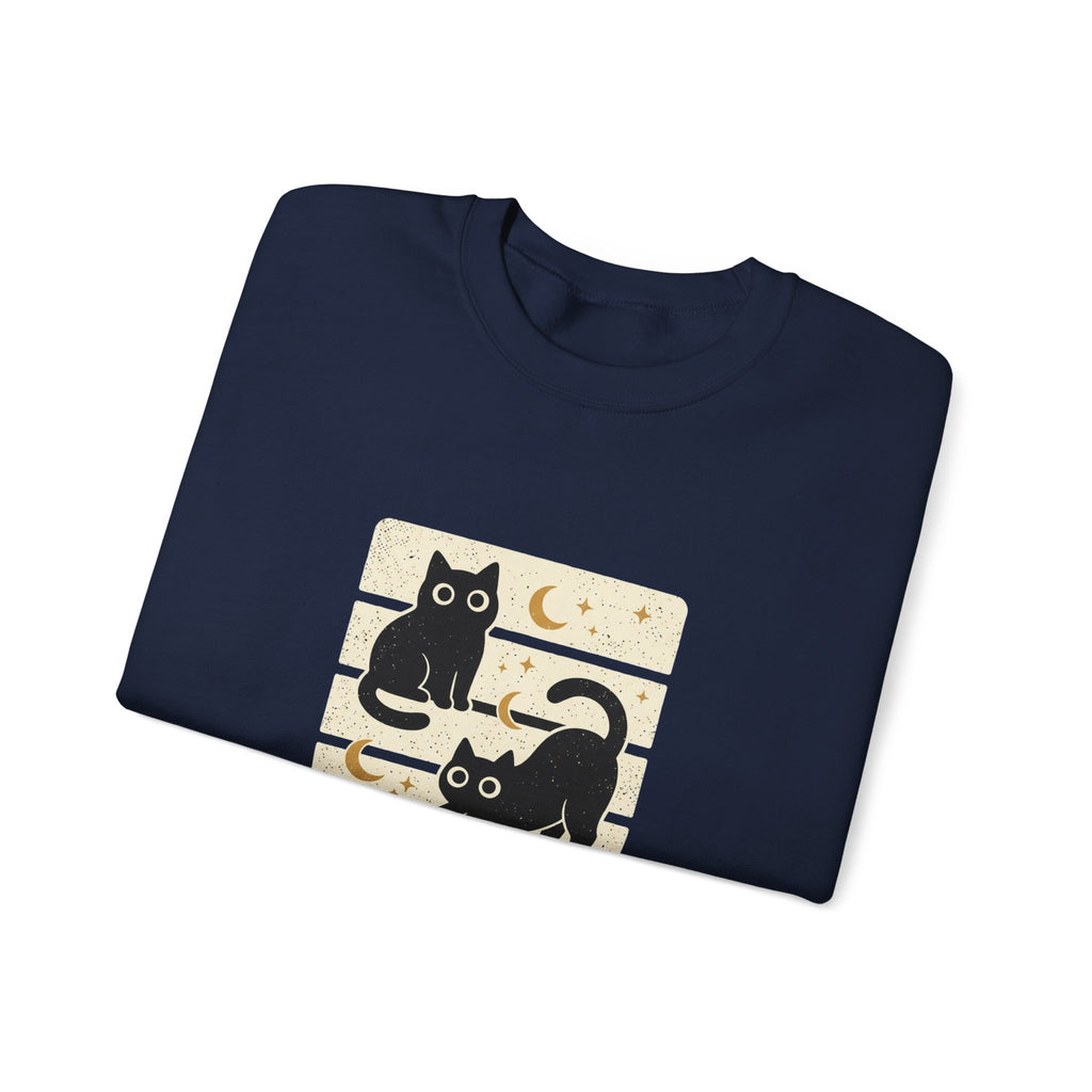 Black Cat Trio Crewneck Sweatshirt | Halloween moon stars vintage block design